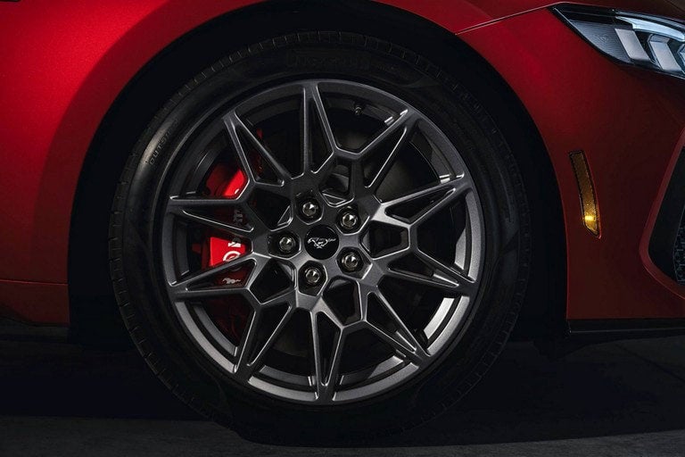 2024 Ford Mustang® model with a close-up of a wheel and brake caliper | Fox Ford Inc. in Wolf Point MT