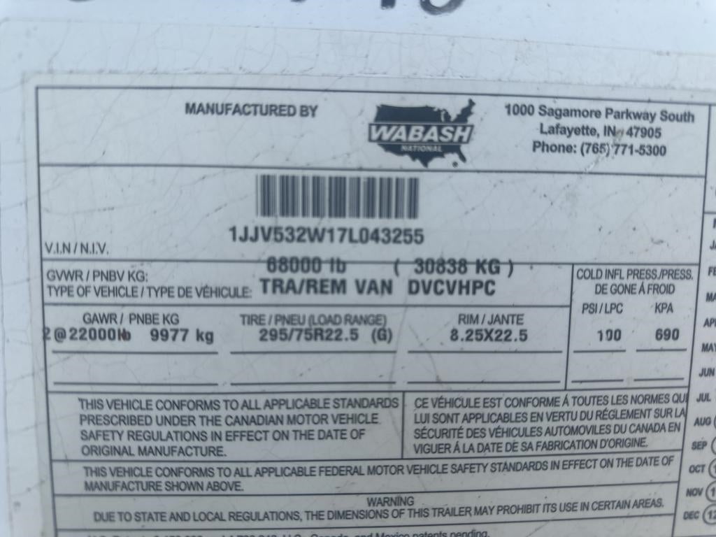 2007 WABASH VAN TRAILER 53 FT X 102 IN